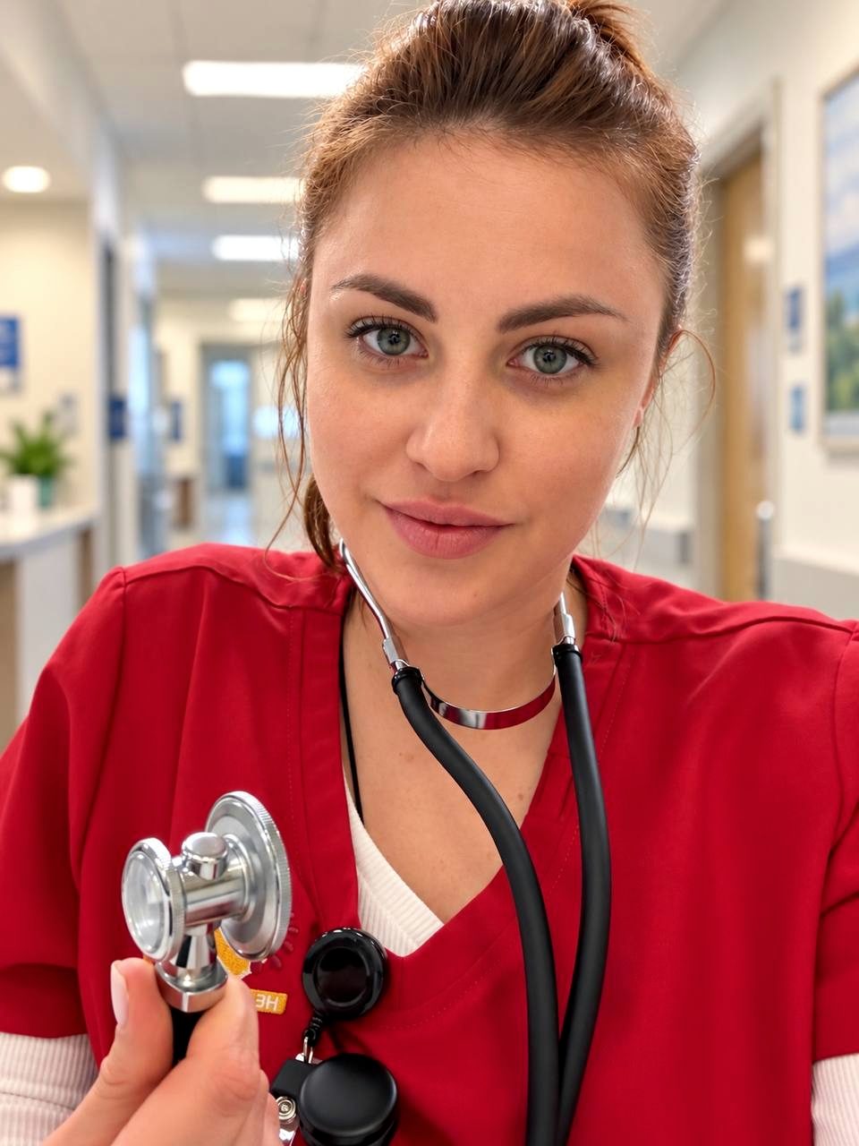 Anastasia Rychkova in red scrubs in a clinic corridor, holding up a stethoscope.
